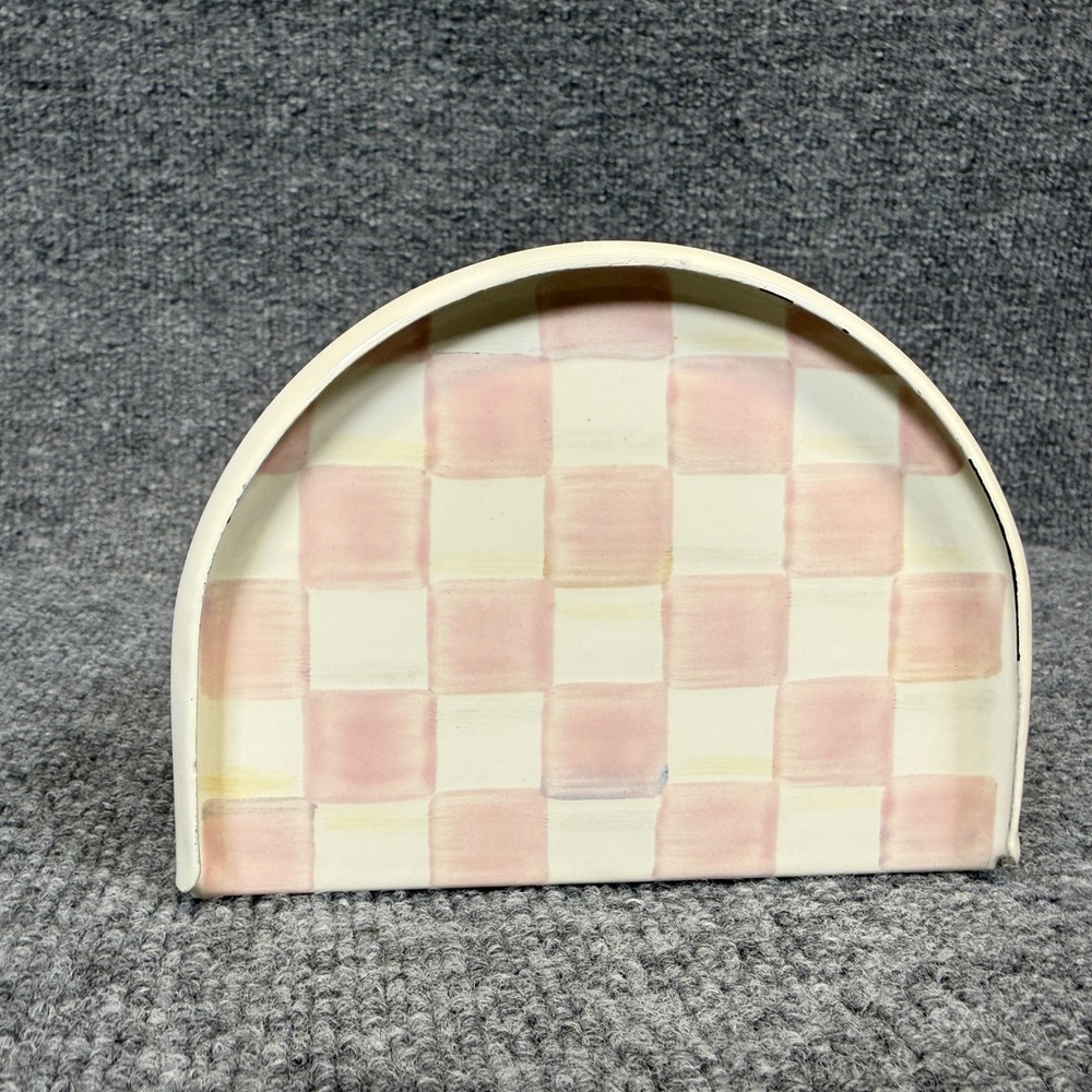 MacKenzie Childs Rosy Check Napkin Holder Pink White Enamel Party Decor